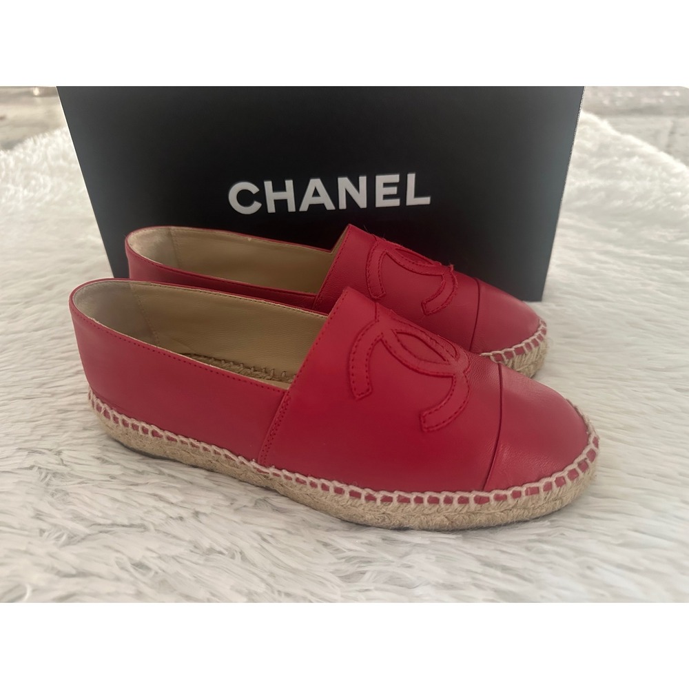 CHANEL CC Red Leather Espadrilles Shoes sz 35 5